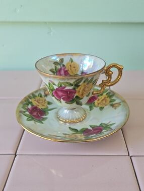 Vintage Floral Porcelain Teacup & Saucer in White with Pink and Yellow Roses #6